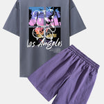 Los Angeles Illustration Bear Print Drop Shoulder Oversize T-Shirt & Patch Pocket Drawstring Shorts