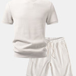 Waffle Ribbed Hem T-Shirt & Drawstring Knit Waffle Shorts