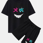 Graffiti Smiley Face Print Drop Shoulder Oversize T-Shirt & Shorts