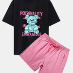 Dissolving Bear Slogan Print Drop Shoulder Oversize T-Shirt & Zip Pocket Swim Shorts
