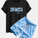 Regular Fit Beach Life Print Cotton T-Shirt & Drawstring Swim Shorts