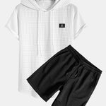 Waffle Hooded Arc Hem T-Shirt & Waffle Drawstring Shorts
