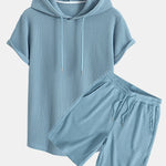Knitted Waffle Arc Hem Hooded T-Shirt & Drawstring Waffle Shorts