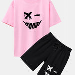 Dissolved Smiley Face Print Drop Shoulder Oversize T-Shirt & Shorts