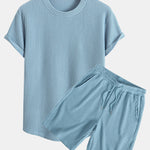 Knitted Waffle Arc Hem T-Shirt & Drawstring Waffle Shorts