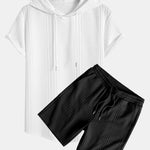 Geometry Jacquard Hooded Arc Hem T-Shirt & Geometric Jacquard Drawstring Shorts