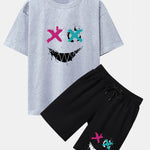 Graffiti Smiley Face Print Drop Shoulder Oversize T-Shirt & Shorts