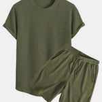 Knitted Waffle Arc Hem T-Shirt & Drawstring Waffle Shorts