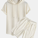 Knitted Waffle Arc Hem Hooded T-Shirt & Drawstring Waffle Shorts