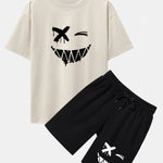 Dissolved Smiley Face Print Drop Shoulder Oversize T-Shirt & Shorts