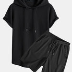 Knitted Waffle Arc Hem Hooded T-Shirt & Drawstring Waffle Shorts