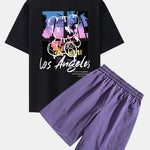 Los Angeles Illustration Bear Print Drop Shoulder Oversize T-Shirt & Patch Pocket Drawstring Shorts