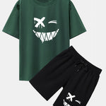 Dissolved Smiley Face Print Drop Shoulder Oversize T-Shirt & Shorts