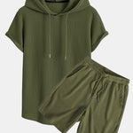 Knitted Waffle Arc Hem Hooded T-Shirt & Drawstring Waffle Shorts