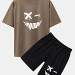 Dissolved Smiley Face Print Drop Shoulder Oversize T-Shirt & Shorts