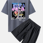 Los Angeles Illustration Bear Print Drop Shoulder Oversize T-Shirt & Patch Pocket Drawstring Shorts