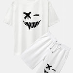 Dissolved Smiley Face Print Drop Shoulder Oversize T-Shirt & Shorts