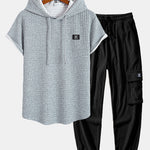 Waffle Hooded Arc Hem T-Shirt & Drawstring Corduroy Cargo Jogger Pants