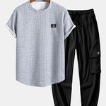 Short Sleeve Geometric Jacquard Arc Hem T-Shirt & Drawstring Corduroy Cargo Jogger Pants