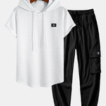 Waffle Hooded Arc Hem T-Shirt & Drawstring Corduroy Cargo Jogger Pants