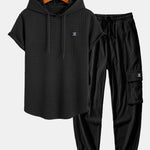 Waffle Hooded Arc Hem T-Shirt & Drawstring Corduroy Cargo Jogger Pants