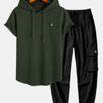 Waffle Hooded Arc Hem T-Shirt & Drawstring Corduroy Cargo Jogger Pants