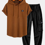 Waffle Hooded Arc Hem T-Shirt & Drawstring Corduroy Cargo Jogger Pants