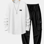 Long Sleeve Geometric Jacquard Arc Hem T-Shirt & Drawstring Corduroy Cargo Jogger Pants