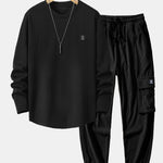 Long Sleeve Geometric Jacquard Arc Hem T-Shirt & Drawstring Corduroy Cargo Jogger Pants