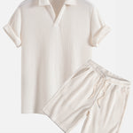 Short Sleeved Waffle V-neck Polo & Drawstring Knitted Waffle Shorts