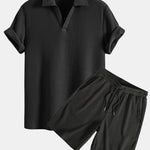 Short Sleeved Waffle V-neck Polo & Drawstring Knitted Waffle Shorts