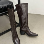 Retro pointed-toe chunky heeled high boots