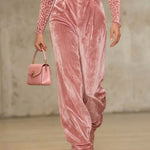 High Waisted Pleated Pockets Solid Color Velvet Pants Trousers