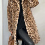 Leopard Print Lapel Long Sleeve Mid-length Plush Coat