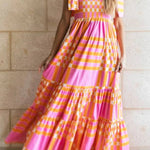 Pink Tie Strap Plaid & Striped Smocked Maxi Dress