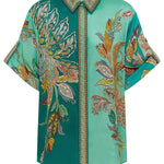 Somewhere Sunny Satin Botanical Print Short Sleeve Button Oversized Blouse