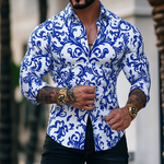 Men's Retro Casual Blue And White Porcelain Print Lapel Long Sleeve Shirt