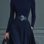 Women's Dark Blue Knitted High-neck Dress