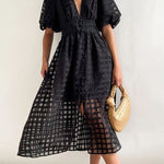 Remarkable Beauty Square Patterned Fabric Puff Sleeve Party Midi Dress