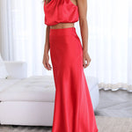 Such A Vibe High Neck Satin Drape Maxi Skirt Set