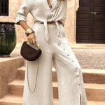 Solid Color Lapel Casual Button-down Shirt and Loose Pocket Slit Wide-leg Pants Set