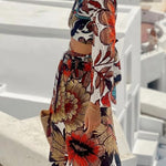 Vacay Mode Hollow Lace Unique Print Bell Sleeve Crop Top and Tie-up Maxi Skirt Set