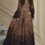 Flared Sleeves Long Sleeves Leopard Printed Round-Neck Jumpsuits
