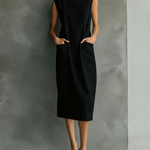 Women's Elegant Black Woven High-neck Sleeveless Midi Dress