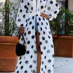 High Waisted Long Sleeves Pleated Polka-Dot See-Through Split-Joint Deep V-Neck Maxi Dresses Outerwear