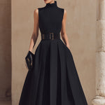 Belted High-Neck Pleated Maxi Dress
