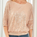 Solid Color Sequined Loose Round Neck Casual Top
