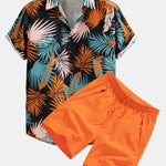 Leaf Print Button Up Shirt & Man Mid Length Drawstring Swim Shorts
