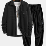 Waffle Button Up Shirt & Drawstring Corduroy Cargo Jogger Pants