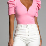 V Neck Bubble Sleeve Solid Slim Knitting Top